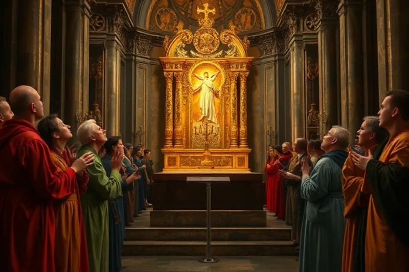 Fieles renacentistas contemplando una reliquia en un altar