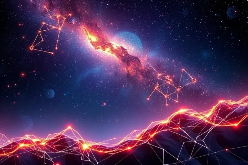 Paisaje etéreo con cartas astrológicas y algoritmos digitales