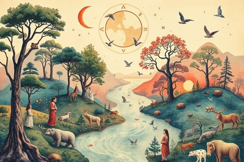 Watercolor painting of an interconnected ecosystem with trees, rivers, animals, and human figures flowing together.