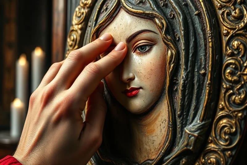 Manos delicadamente tocando un icono de la Virgen María con trazos de óleo