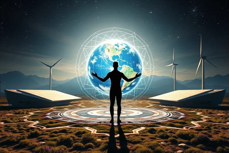 3D render of a futuristic clean energy landscape with a holographic human silhouette interacting with a glowing Earth sphere.