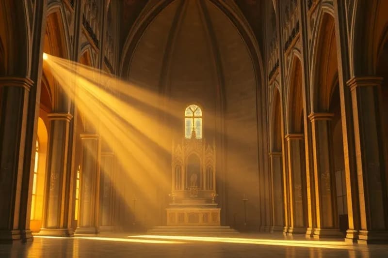 Interior de capilla minimalista con altar iluminado por luz dorada