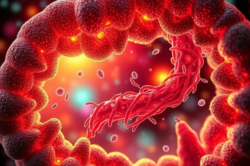 Detailed digital painting of the human gut microbiome with diverse beneficial bacteria and nutrient absorption pathways