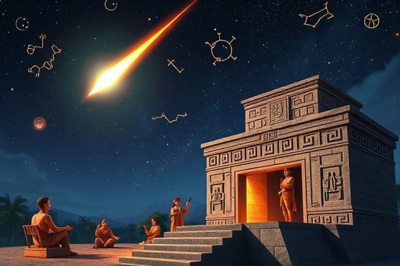 Antiguos astrónomos mayas observando el cielo nocturno desde un observatorio de piedra, con jeroglíficos y símbolos celestes tallados en las paredes, bajo un cielo estrellado con un cometa visible.