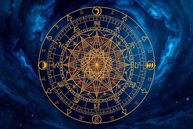 Complejo gráfico astrológico con múltiples líneas de aspecto y símbolos planetarios, superpuesto sobre un mapa estelar nebuloso, representando la intersección de la ciencia y la mística en la predicción.