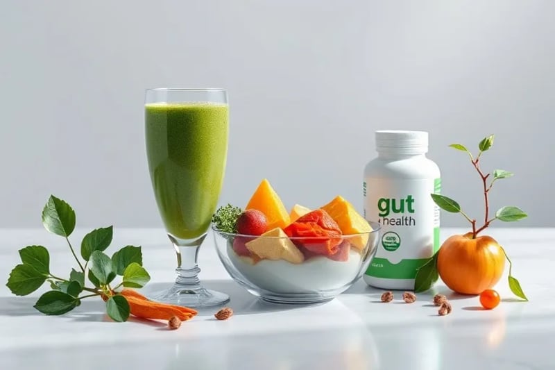 3D render of a still-life with green smoothie, fermented foods, supplements, and a plant, representing functional nutrition