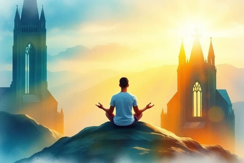 Persona meditando en un entorno natural pacífico, rodeada de un aura de luz y colores que simbolizan emociones positivas como la alegría y la tranquilidad.