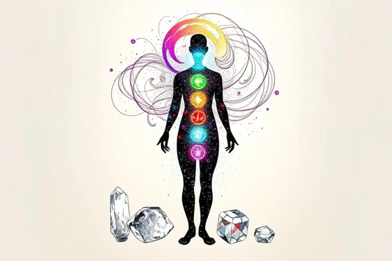Human silhouette with swirling chakra energies surrounded by various healing crystals emitting light