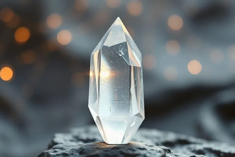 Close-up of a clear quartz crystal point radiating subtle energy ripples, with blurred background suggesting energy pathways