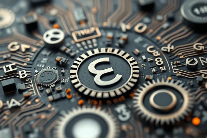 Representación artística de símbolos matemáticos y circuitos entrelazados, simbolizando la base teórica de la ciberseguridad y la tecnología moderna.