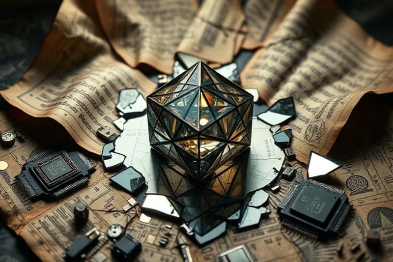 Representación conceptual de un espejo roto que refleja una forma geométrica perfecta, rodeado de pergaminos antiguos y chips de computadora modernos, simbolizando la ruptura de barreras y la continuidad del conocimiento.