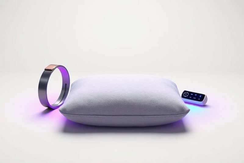 Digital painting of various haptic devices like wristbands and cushions emitting colored vibrations.