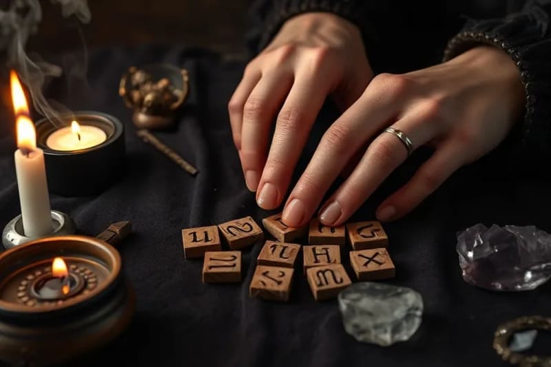 Manos colocando runas de madera en un paño de terciopelo, rodeadas de velas y cristales, en un ritual mágico.