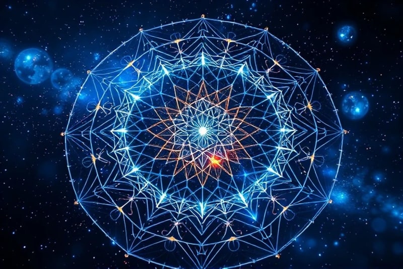 Abstract 3D render of neural pathways with pulsating lights, symbolizing haptic feedback's effect on brainwaves during meditation.