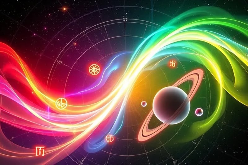 Representación abstracta de energía cósmica fluyendo, con runas estilizadas y luminosas interactuando con corrientes de luz planetaria.