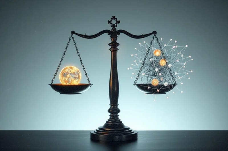 Balanza estilizada con valores humanos como justicia y privacidad en un lado, y redes neuronales artificiales en el otro, simbolizando el equilibrio ético.