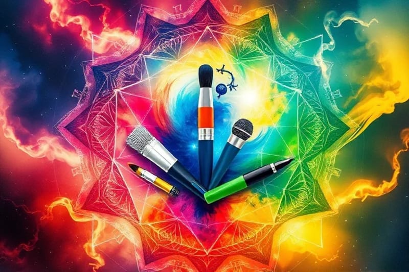 Pintura acuarela de herramientas de diversas profesiones emergiendo de colores elementales, simbolizando las múltiples sendas vocacionales.