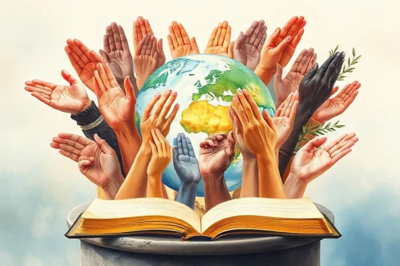 Manos unidas en oración sobre un globo terráqueo