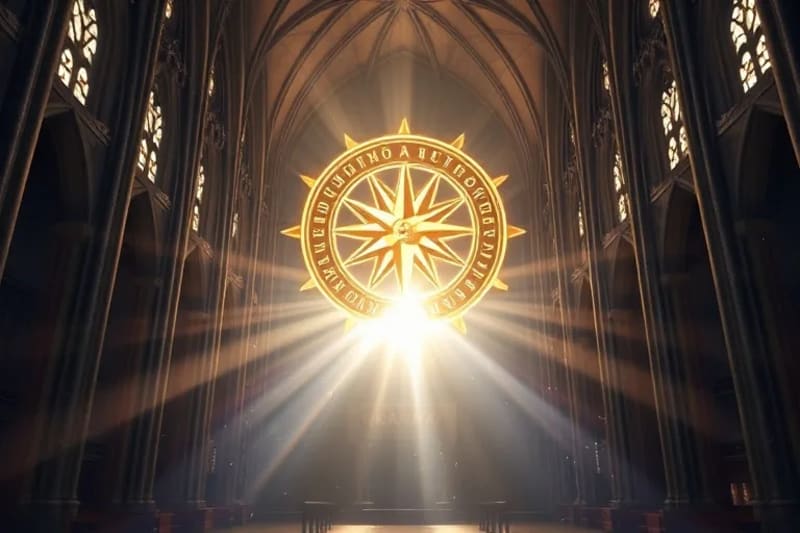 Brújula antigua con símbolos sagrados y redes de luz