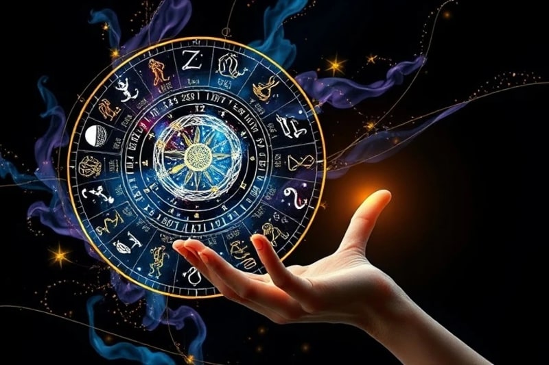 A futuristic, holographic interface displaying complex astrological charts and symbolic patterns, with an illuminated hand reaching out to touch the display, symbolizing decoding.