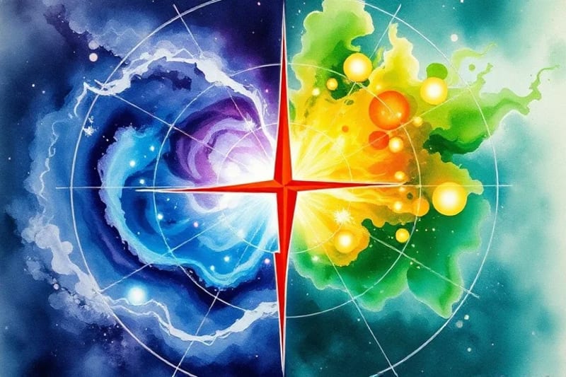 Pintura abstracta de fuerzas opuestas en tensión, con una línea roja que simboliza el desafío y el crecimiento.
