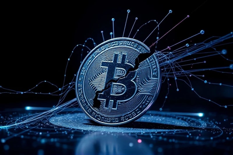Moneda cripto fragmentada con código y glitches