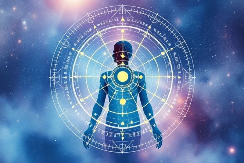 Human figure with astrological chart overlay and solar system
