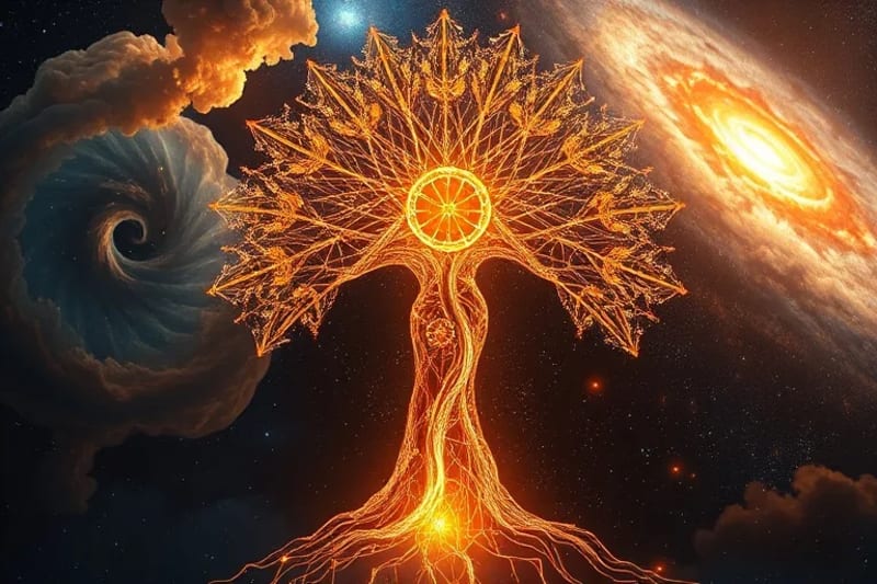 Abstract crystalline tree with cosmic elements and gears