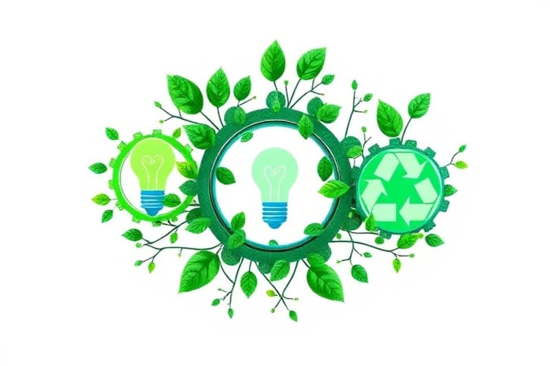 Vector art showing interlocking gears made of leaves and branches connecting with business icons, symbolizing synergy between nature and sustainable growth.