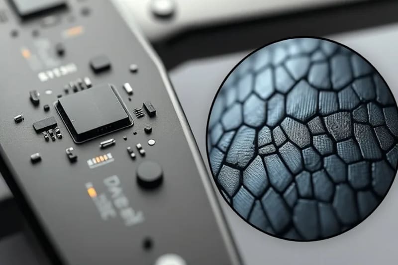 3D render of a product prototype with a biomimetic texture next to a magnified natural element, showcasing precision of bio-inspiration.