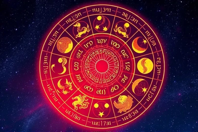 Stylized digital painting of the 28 Lunar Mansions arranged in a celestial wheel with symbolic animals.
