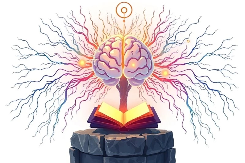 Ilustración vectorial de un cerebro humano conectado a un árbol de la vida o un sistema de energía cósmica, con intrincados patrones de luz