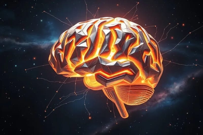 Render 3D de un cerebro humano emitiendo ondas de luz y energía, conectándose con un universo estrellado y nebulosas, con un tono futurista