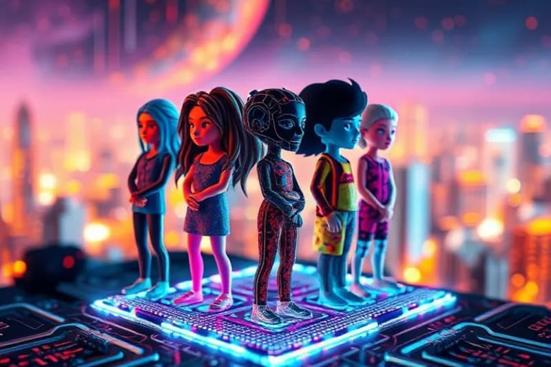 Abstract digital painting of diverse avatars on a code platform in a metaverse city