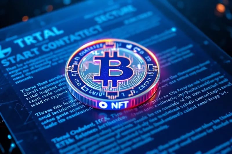 3D render of a glowing NFT token on a holographic legal document with circuit patterns