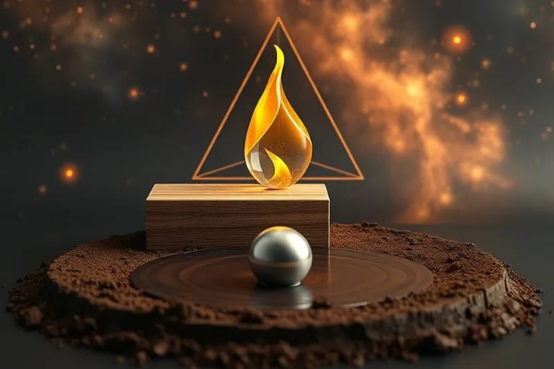 Bodegón conceptual 3D que muestra un bloque de madera, cristal de fuego, tierra, esfera metálica y agua, simbolizando el ciclo de los Cinco Elementos en los negocios.