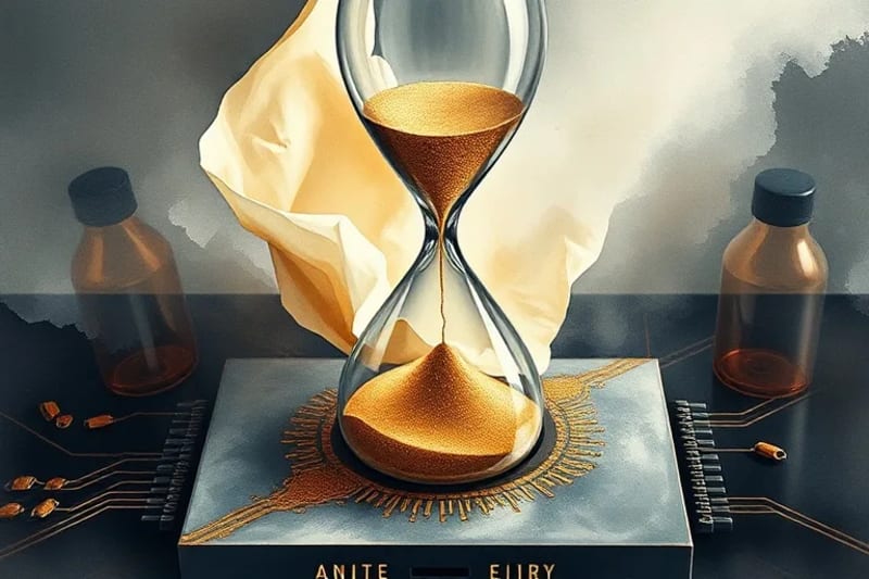 El Tiempo Digital de las Profecías Representación de un reloj de arena digital roto, con código binario fluyendo sobre una placa de circuito que evoca una tablilla antigua, simbolizando la fusión de tiempo, tecnología y conocimiento esotérico.