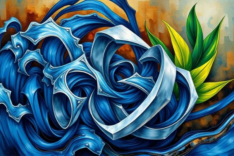 Pintura digital abstracta con patrones de agua que envuelven estructuras metálicas, con toques de tierra y crecimiento, representando la adaptabilidad y resiliencia empresarial.