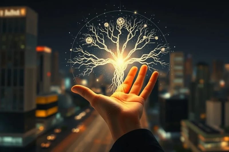 Conciencia Digital: El Legado del Mañana Una mano humana abstracta tocando una proyección holográfica de una red neuronal que se transforma en un árbol de la vida, con un fondo urbano difuminado, simbolizando la interacción entre humanidad, tecnología y espiritualidad.