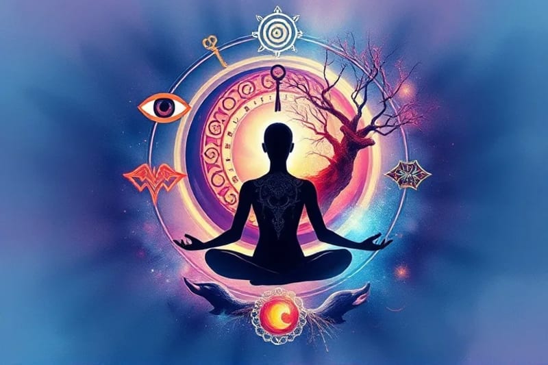 A gender-neutral silhouette meditating amidst swirling abstract symbols and archetypes, representing the process of dream interpretation and connecting with the subconscious.