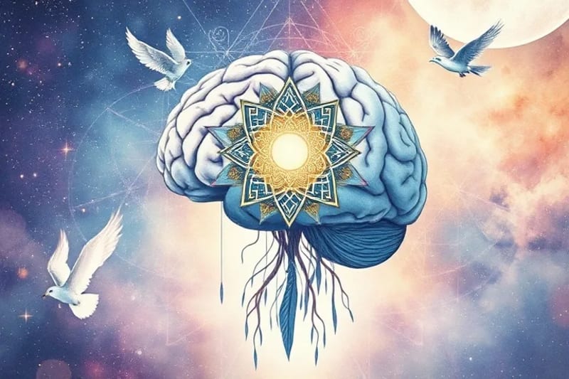 A watercolor illustration of the human brain as a cosmic entity, with roots and branches extending into a starry sky, blossoming into various symbolic dream elements like a feather, labyrinth, and mirror.