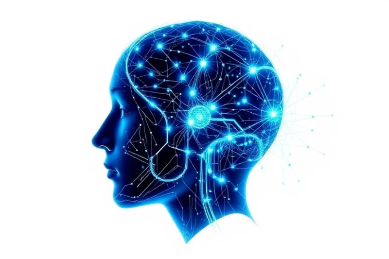 Ilustración de cabeza humana con circuitos digitales y partículas cuánticas