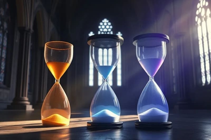Bodegón conceptual con tres relojes de arena simbolizando el pasado, presente y futuro de la profecía