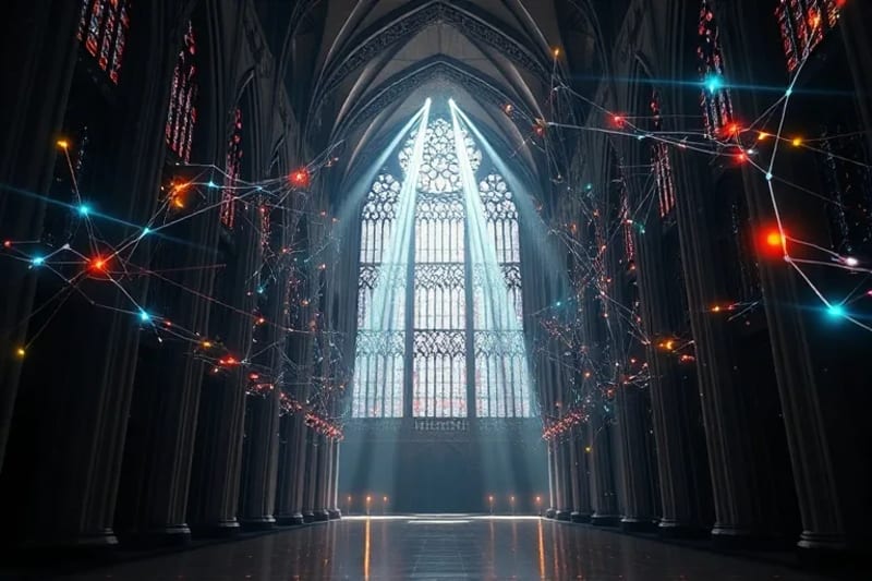 Render 3D abstracto de una red interconectada de nodos y líneas que representan la complejidad de la interpretación bíblica