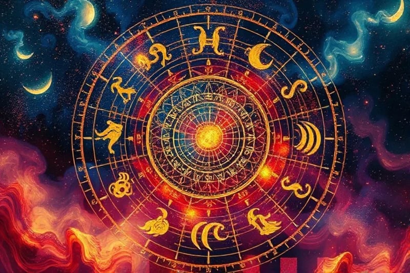 Stylized astrological chart with glowing lines connecting planets and houses, overlaid with subtle, ethereal ancestral figures in the background.