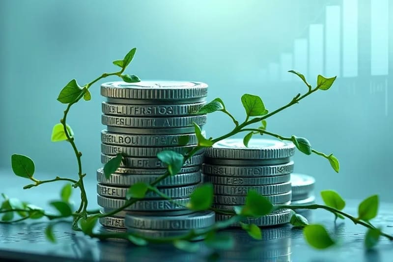 Representación conceptual de monedas digitales entrelazadas con vegetación, simbolizando la fusión entre la inversión financiera y la sostenibilidad ambiental.