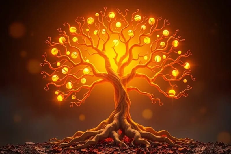 Abstract representation of interconnected glowing roots and branches, symbolizing a family tree, with radiant light emanating from the roots upwards.