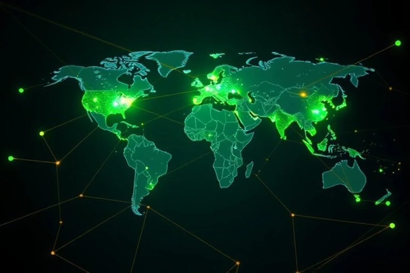 Representación abstracta de una red global interconectada con nodos brillantes sobre un mapa mundial, simbolizando la acción climática y la inversión global.