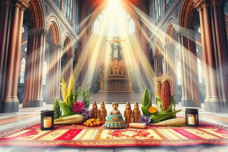 Pintura acuarela de un ritual andino con ofrendas a la Pachamama y el Sol