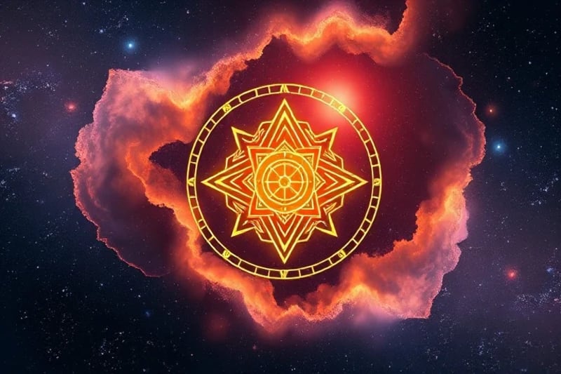 Render 3D de la Chakana andina flotando en un espacio cósmico con geometría sagrada
